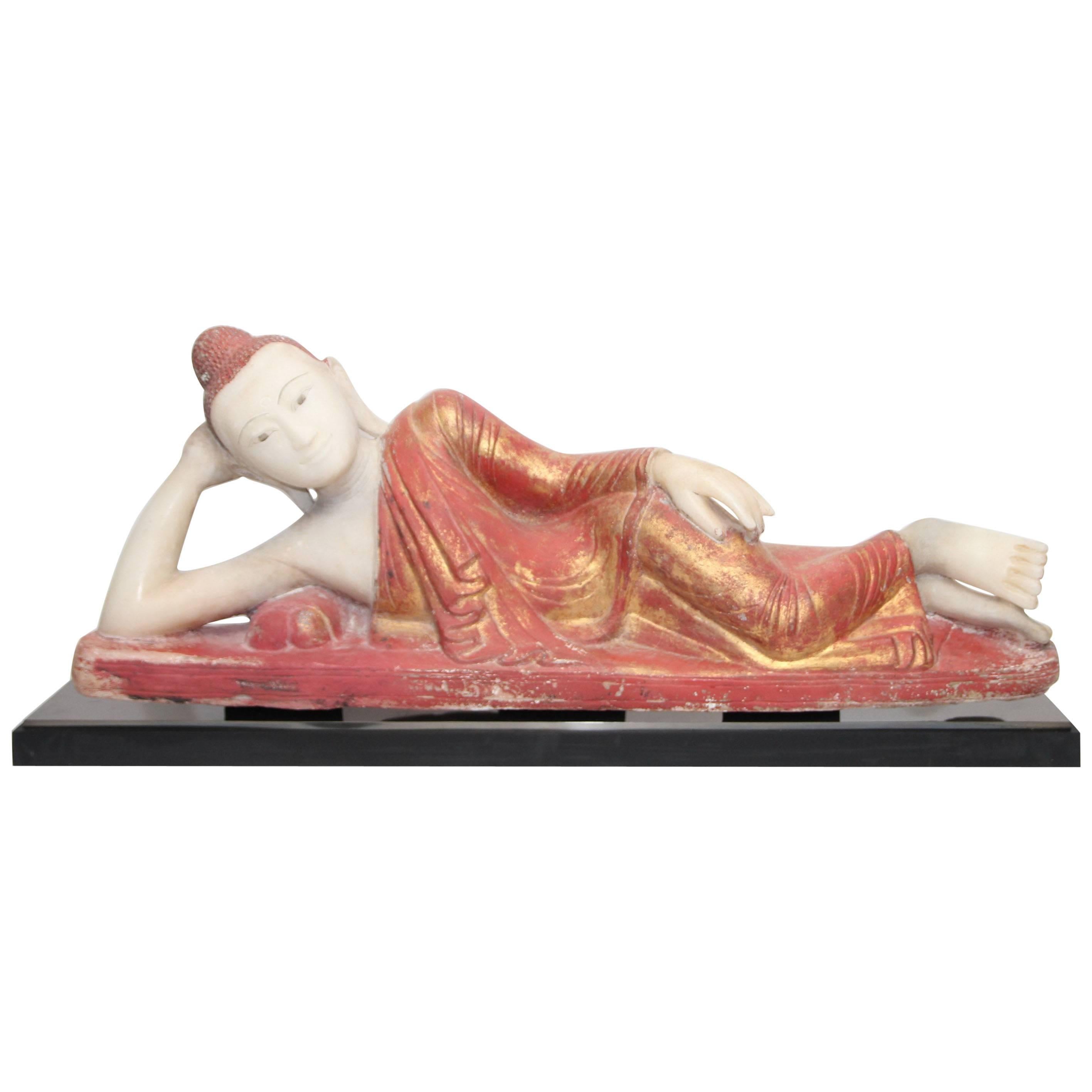 Antique Burmese Alabaster Reclining Buddha, Mandalay Style, 19th Century