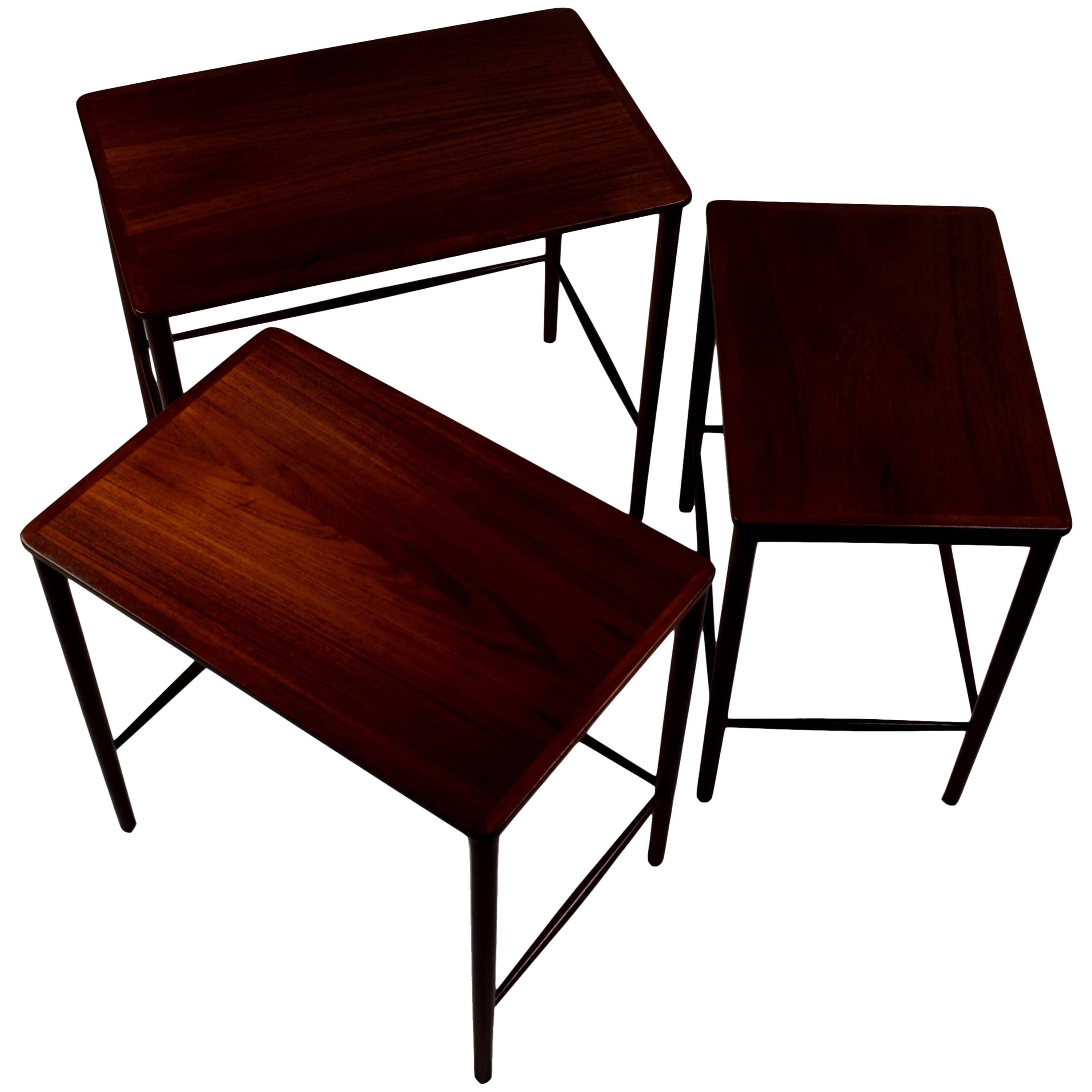 Three Midcentury Nesting Tables by Kaj Winding, Teak, P. Jeppesens Møbelfabrik For Sale