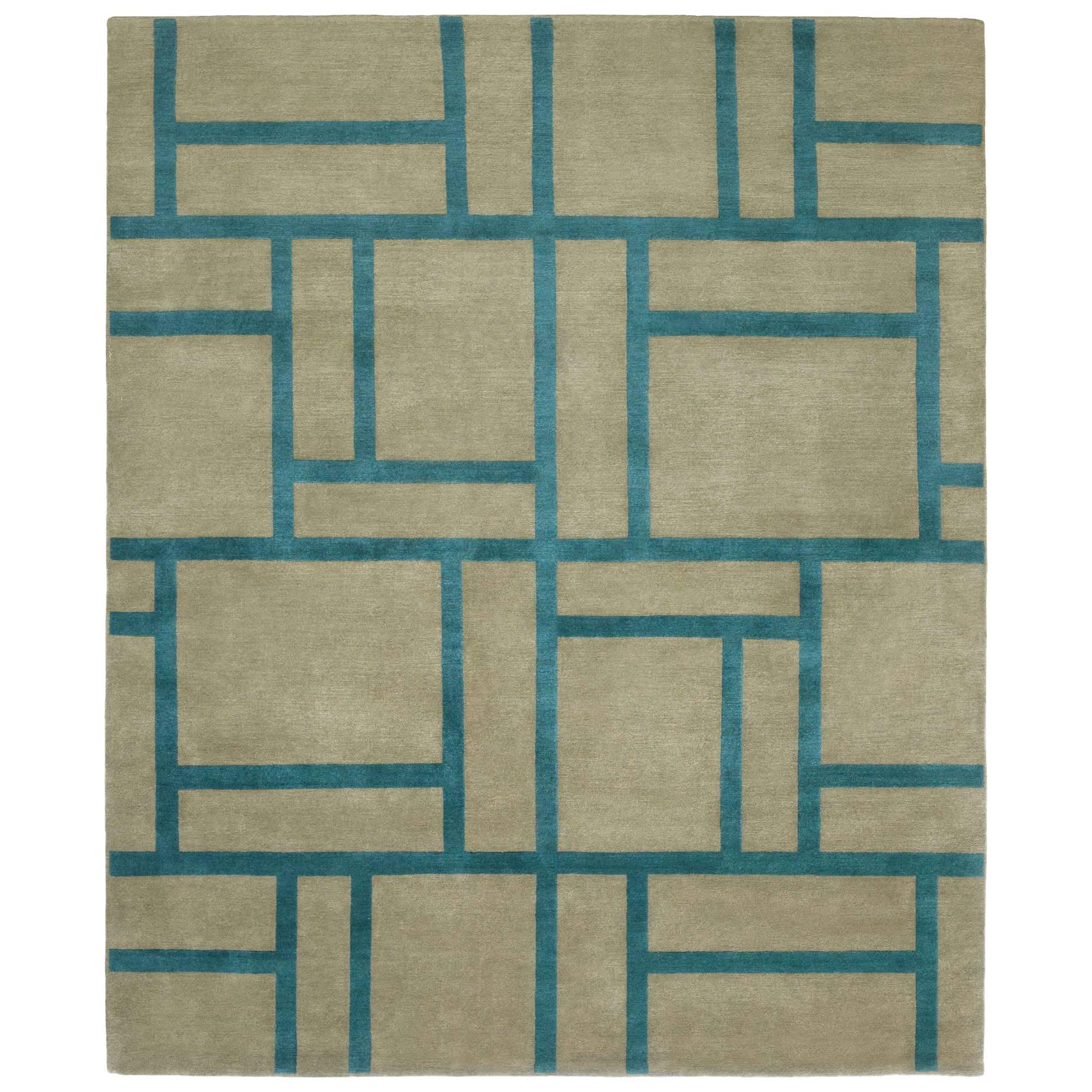 Contemporary Tibetan Rug Hand-Knotted in Nepal, Turquoise - Green Brown For Sale
