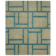 Contemporary Tibetan Rug Hand-Knotted in Nepal, Turquoise - Green Brown