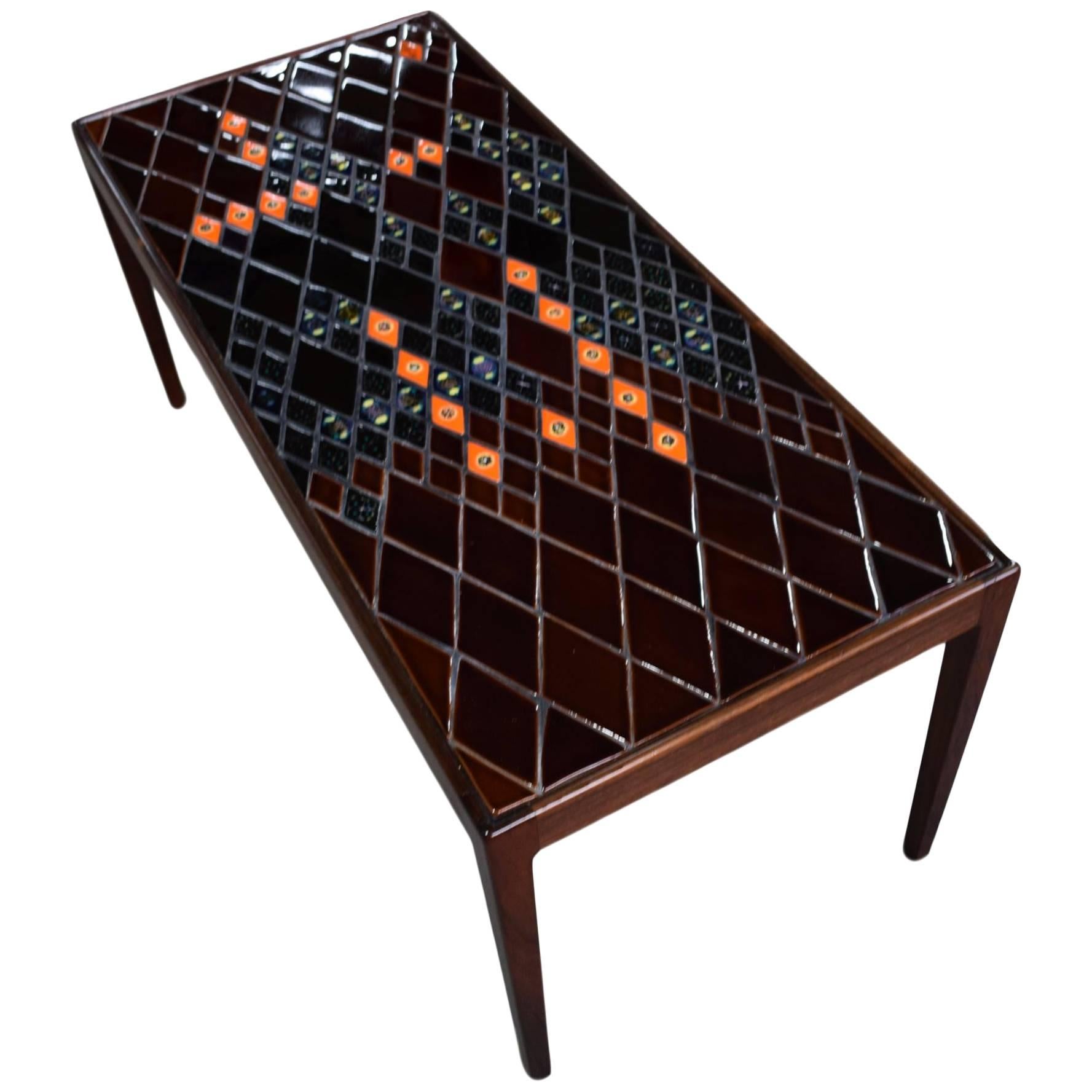 Danish Midcentury Rosewood Coffee Table with Decorative Tiles by Bjørn Wiinblad For Sale