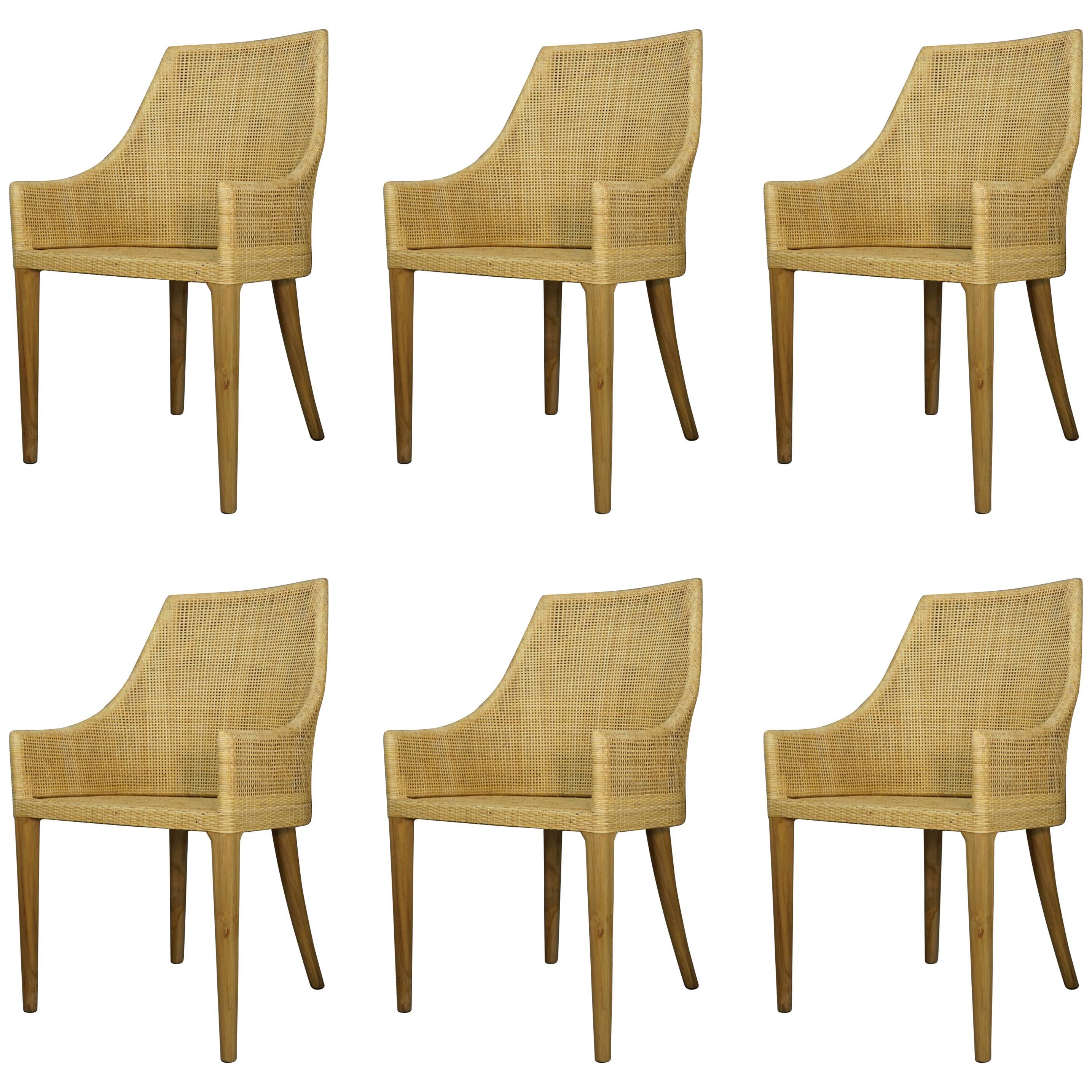 Set of Six Dining Armchairs Rattan and Wooden 