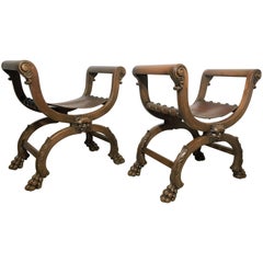 19th Century Period Gustavian Pair of Benches Carved Rams Head and Hoof