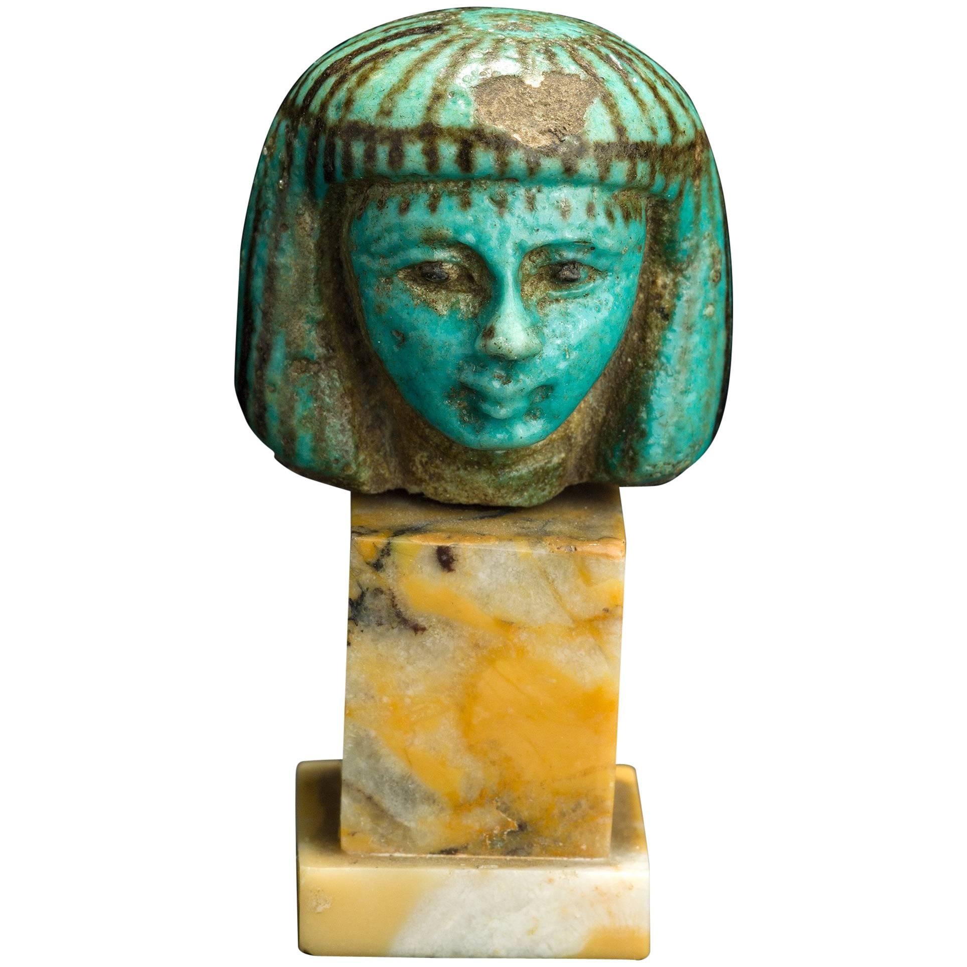 Ancient Egyptian Faience Female Head, Late New Kingdom For Sale
