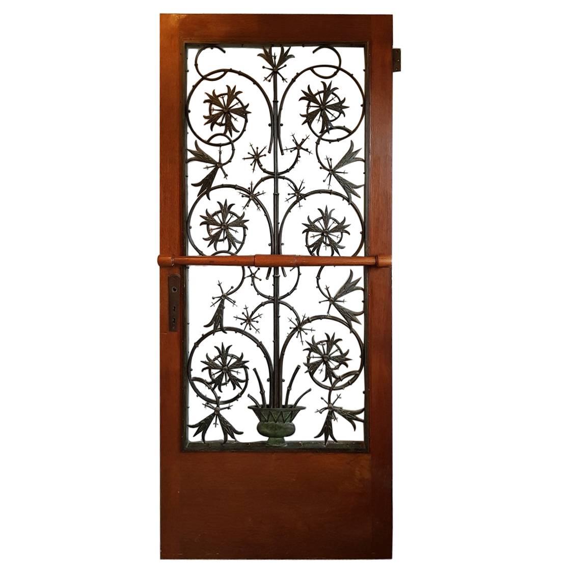 Rare Early 20th Century Dutch Brons Art Nouveau Door Grille in a Oak Door