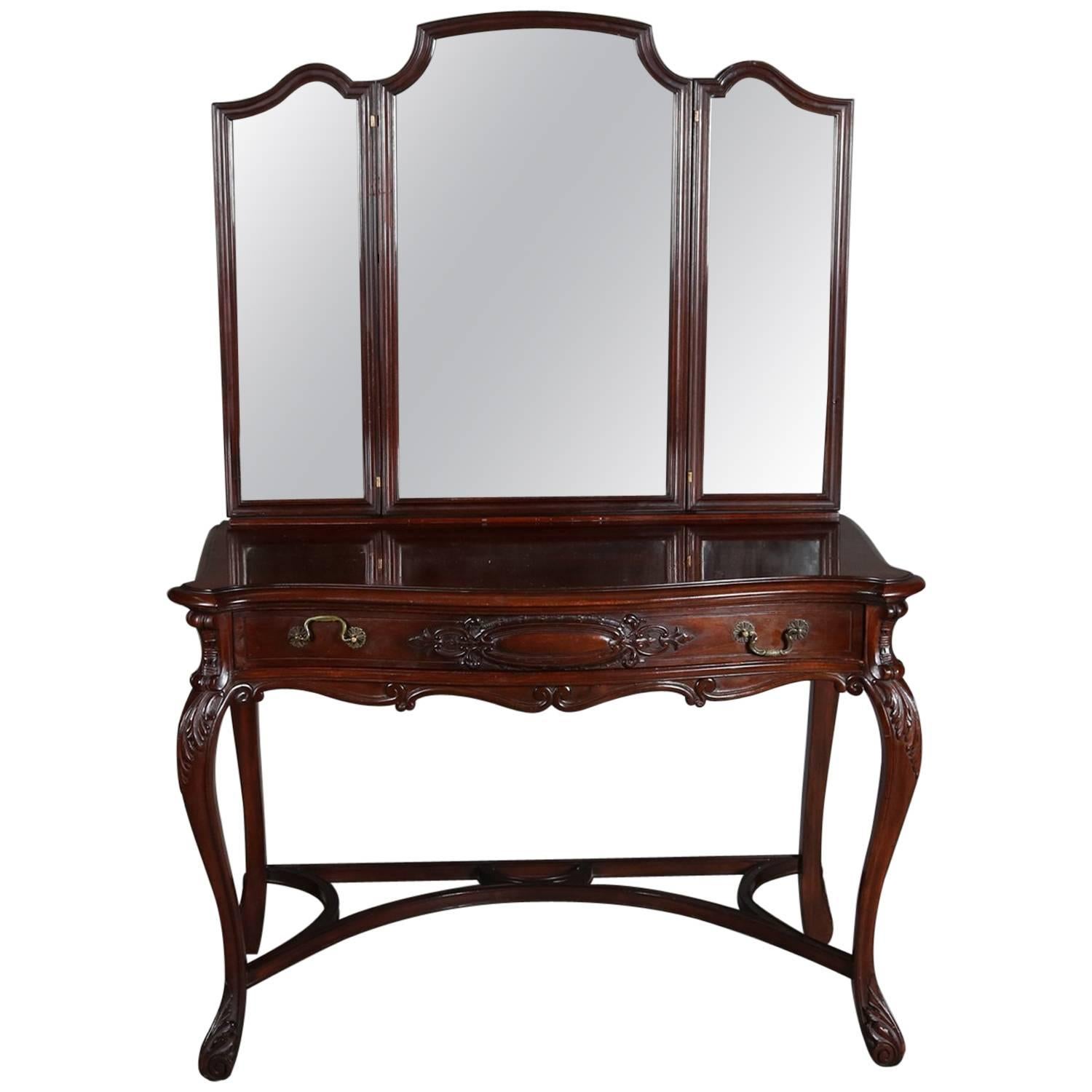 Antique Acanthus Carved Mahogany Triptych Mirrored Vanity, circa 1890