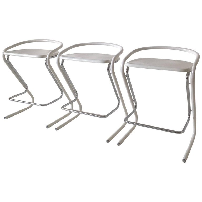 Set of Three White and Chromed Bar Stools by Thema Italy, circa 1970s