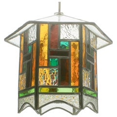 Studio Stained Glass Lantern Chandelier with Iron Chain, Arts and Craft, 1930s