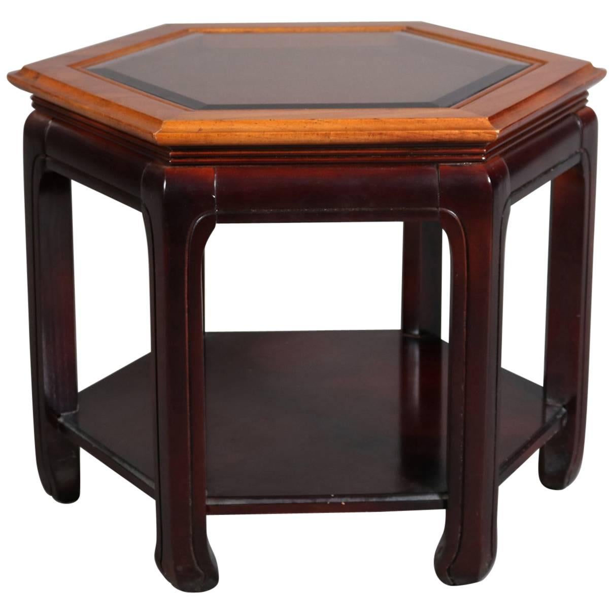 Chinese Style Hexagonal Mahogany, Walnut and Cane Top End Stand, circa 1920 For Sale