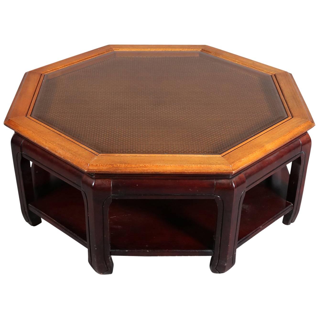 Chinese Style Hexagonal Mahogany, Walnut and Cane Top Coffee Table, circa 1920