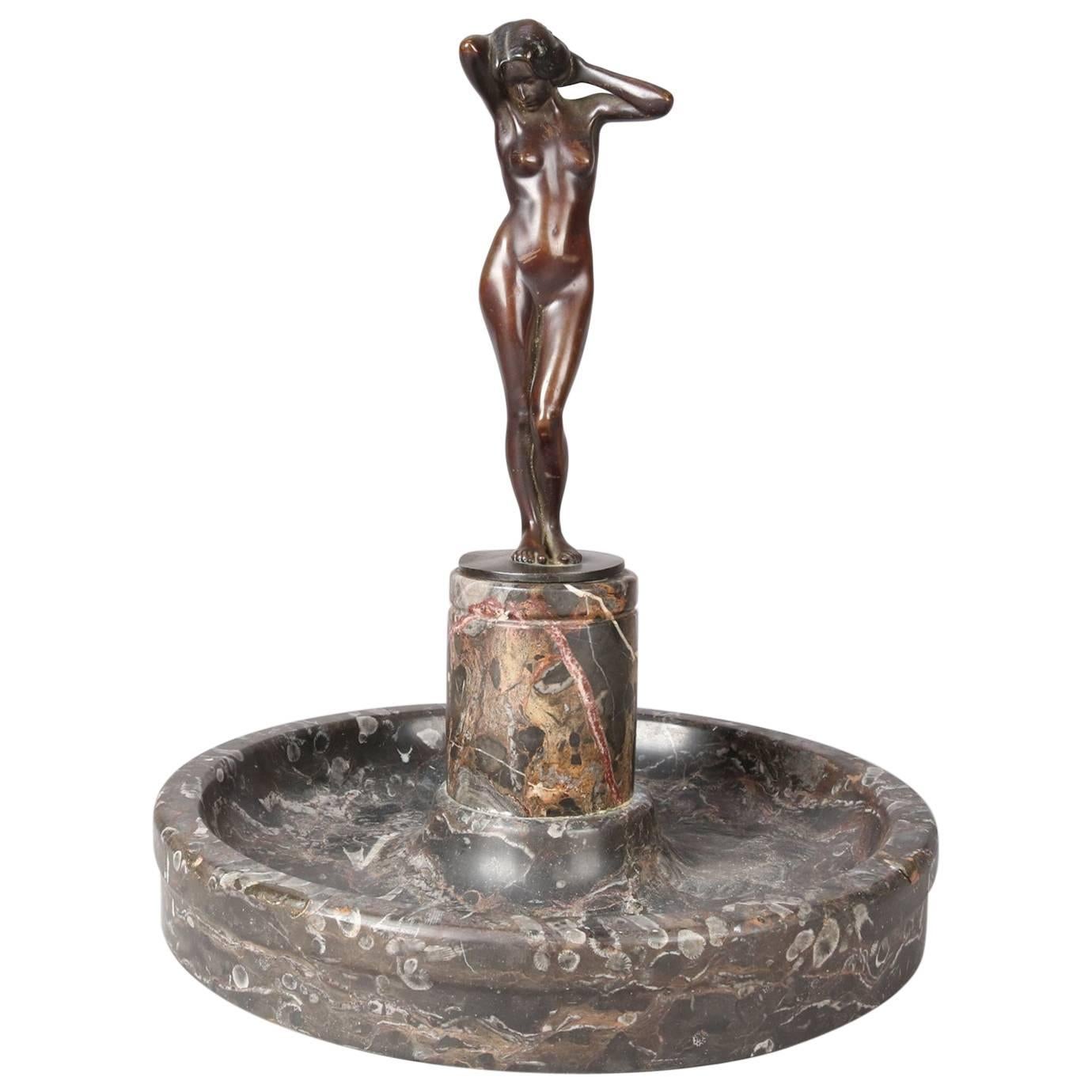 Antique Art Deco German Bronze Figural Sculpture by J. Plessner of Nude Woman
