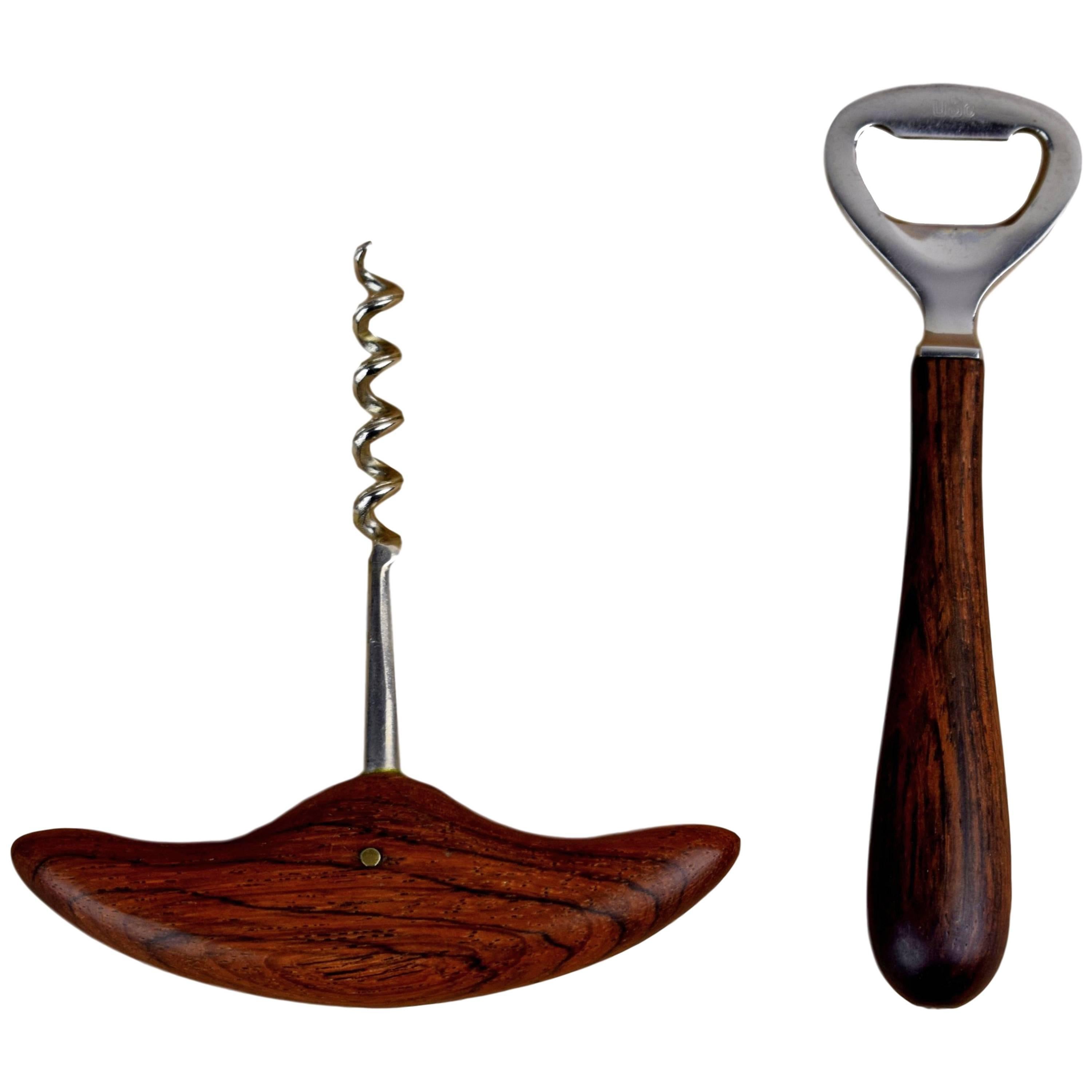 Danish Midcentury Corkscrew and Bottle Opener by Kay Bojesen, Rosewood, Steel For Sale