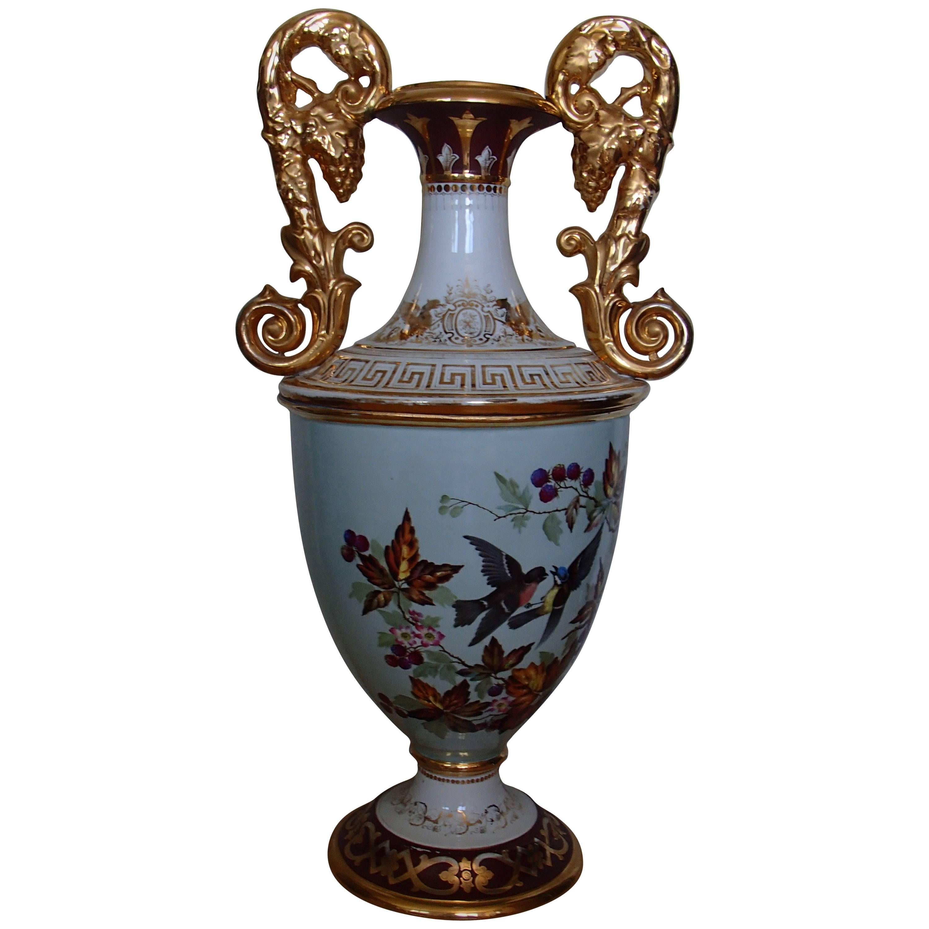 Art Nouveau Huge Porcelain Floor Amphora with Birds Gold Handles by J.Bünzli  For Sale