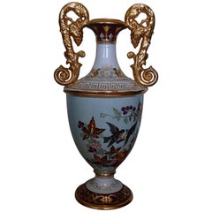 Art Nouveau Huge Porcelain Floor Amphora with Birds Gold Handles by J.Bünzli 