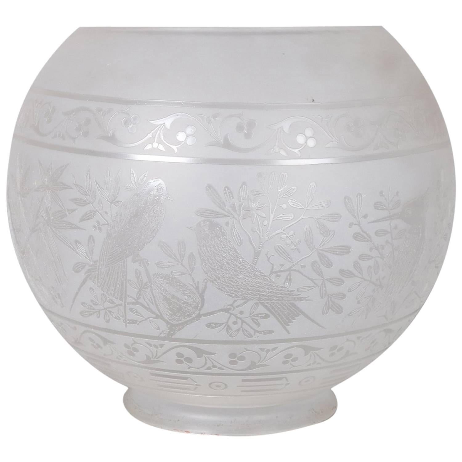 Antique Acid Etched Aesthetic Movement Gas Lamp Shade with Birds, 19th Century