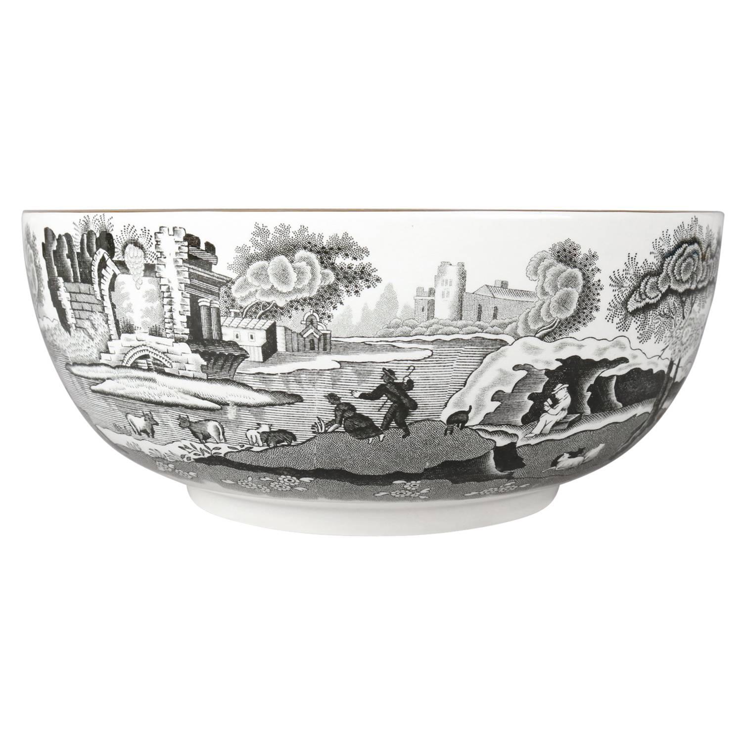English Porcelain Black Transfer Ware Serving Bowl by Spode with Gilt Trim