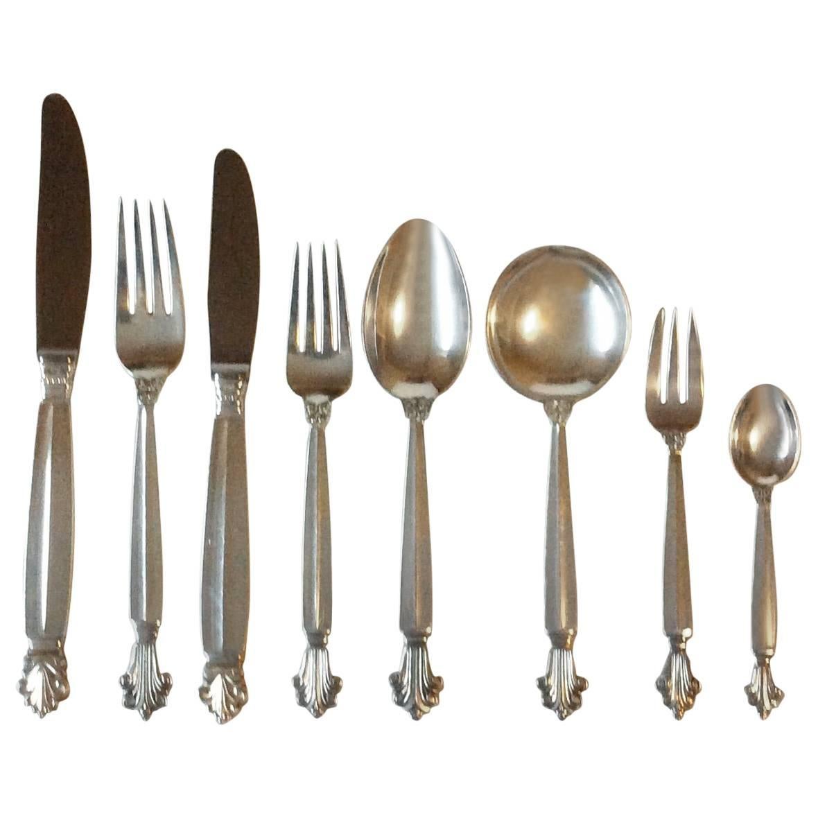 Georg Jensen Sterling Silver Acanthus Flatware Set for Six Persons, 48 Pieces For Sale