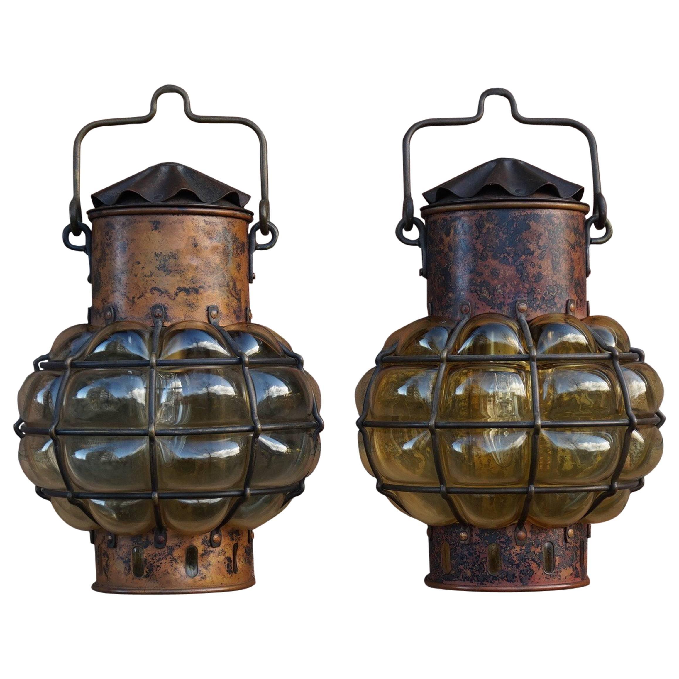 Pair of Nautical Theme Ships Wall Lamps with Amber Glass Blown in Brass Frames