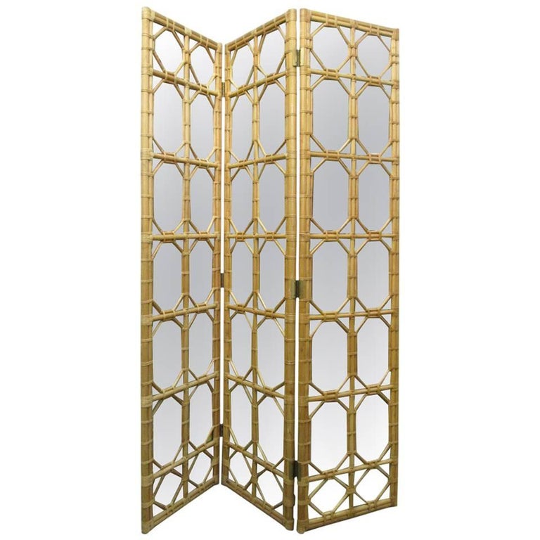 1960s Three Panel Rattan And Mirror Floor Screen Room Divider For 1960s Three Panel Rattan And Mirror Floor Screen Room Divider For