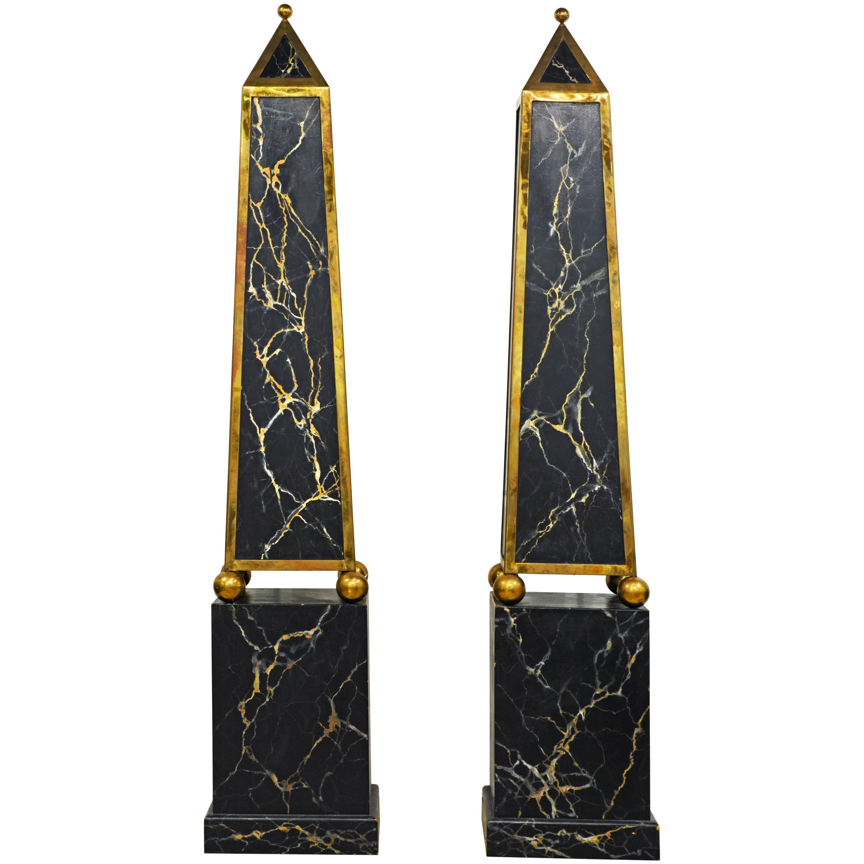 Pair of Monumental Painted and Brass Mounted Neoclassical Obelisks with Cabinets