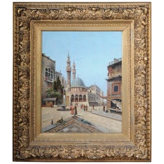 19th Century Oriental Oil Painting Cityscape with Mosque