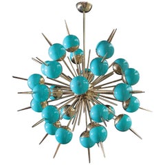 1 of 2 Huge Tiffany Turquoise Murano Glass and Brass Sputnik Chandeliers