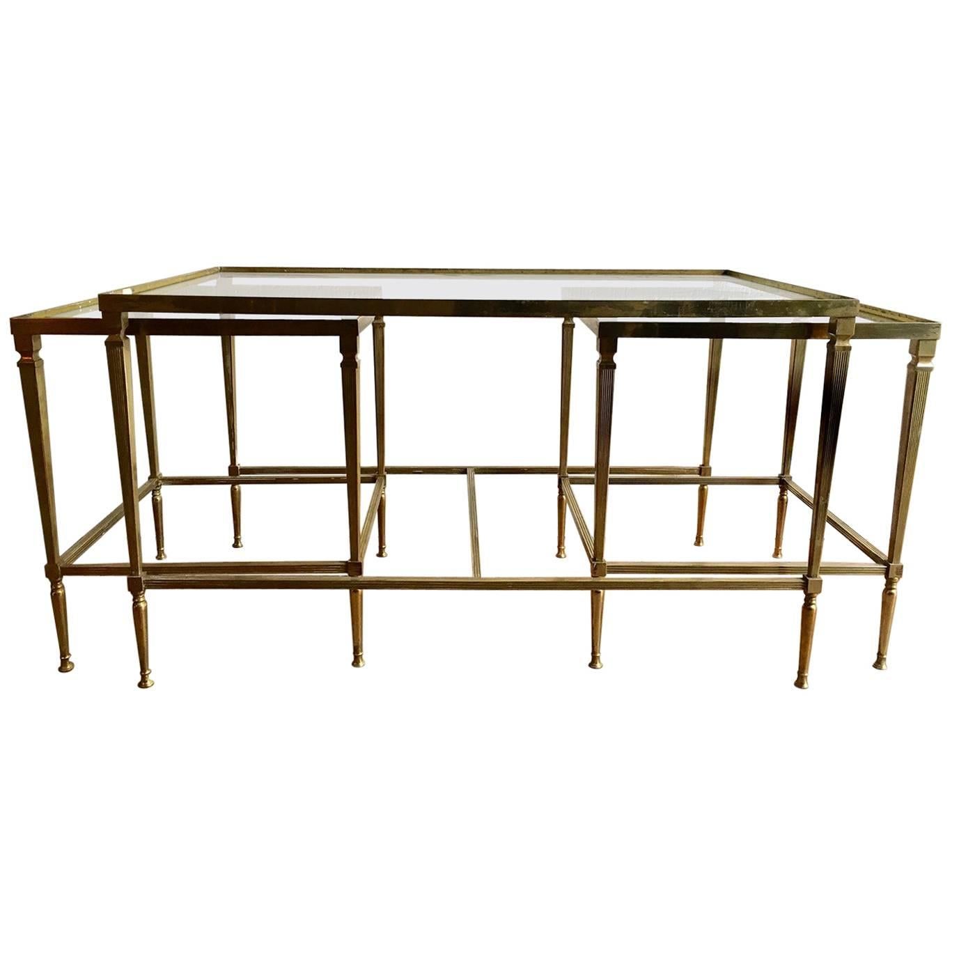 French Brass Coffee Table with Pair Nesting Side Tables
