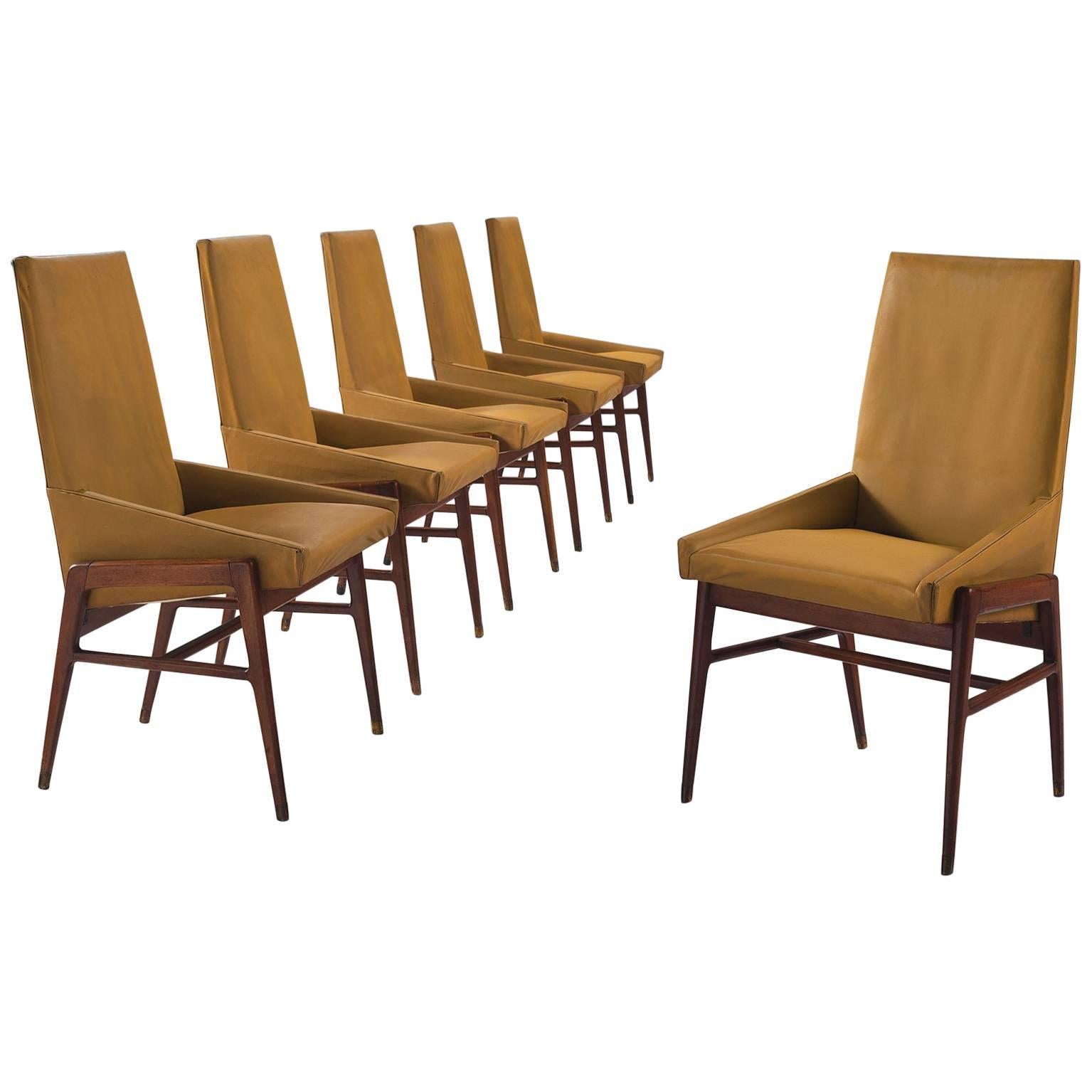 Set of Six Italian Ocre Leatherette Dining Chairs in Walnut