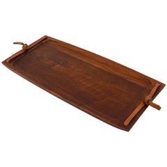 Large Carl Aubock Walnut and Leather Midcentury Serving Tray, Austria, 1950s