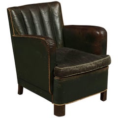 Deco Lounge Chair in Original Green Leather from Denmark, circa 1940