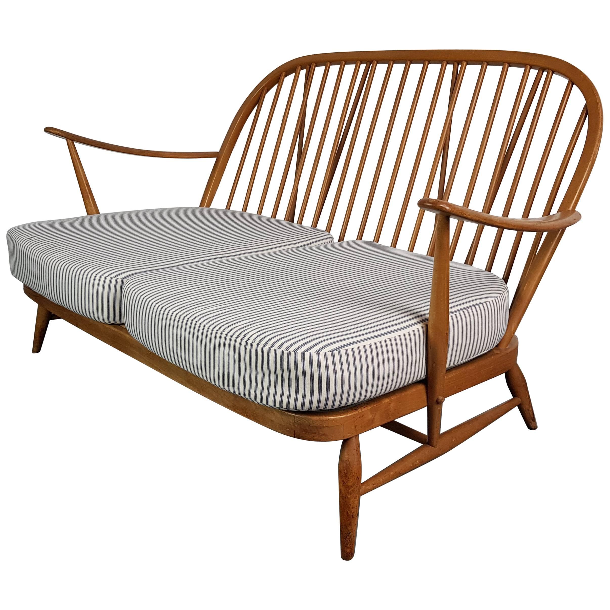 Refurbished Vintage Ercol Windsor Two-Seat Sofa Upholstered in French Ticking