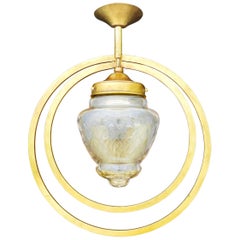 Antique Art Deco Pendant Light Etched Glass Double Hoop, circa 1930