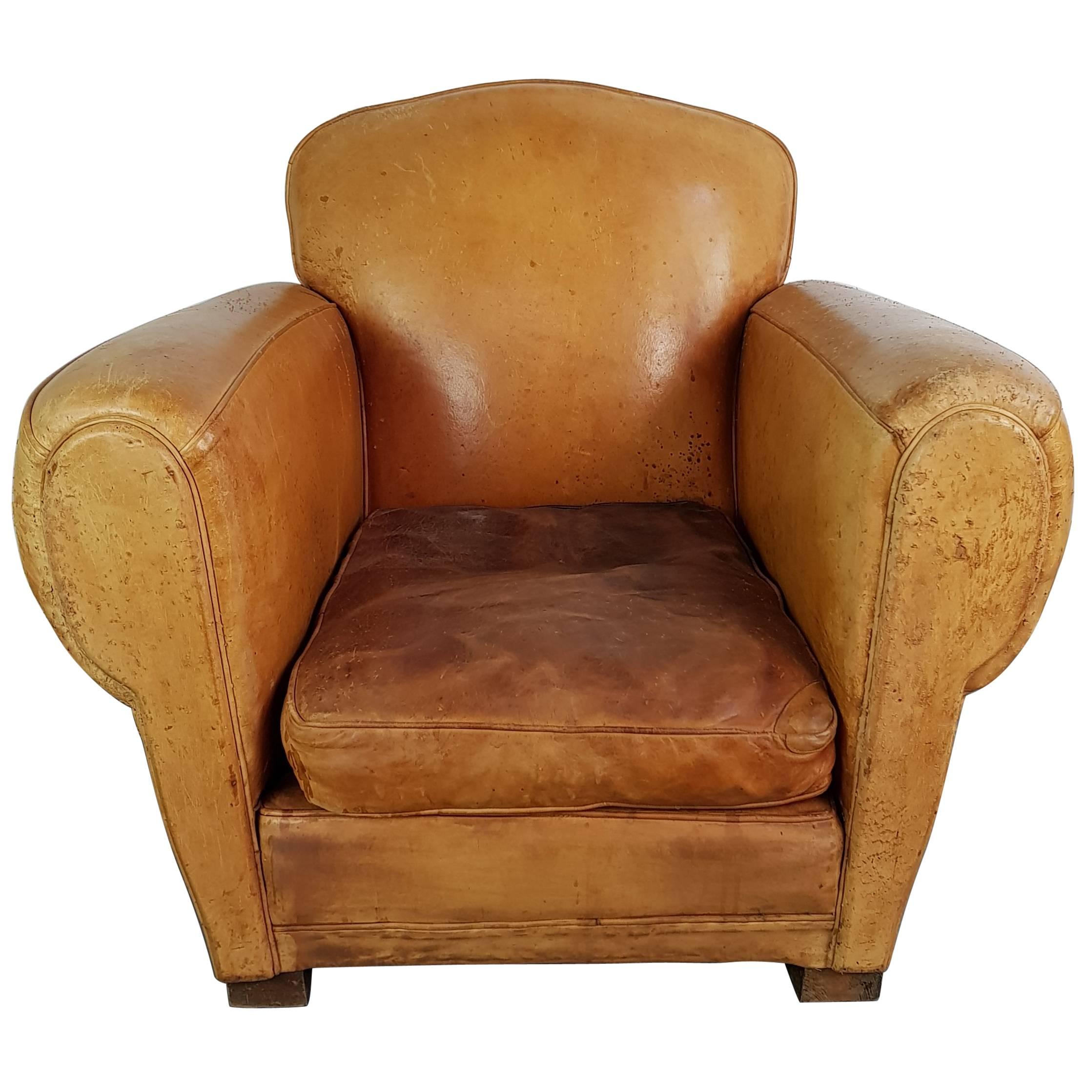 Vintage French Leather Club Chair For Sale