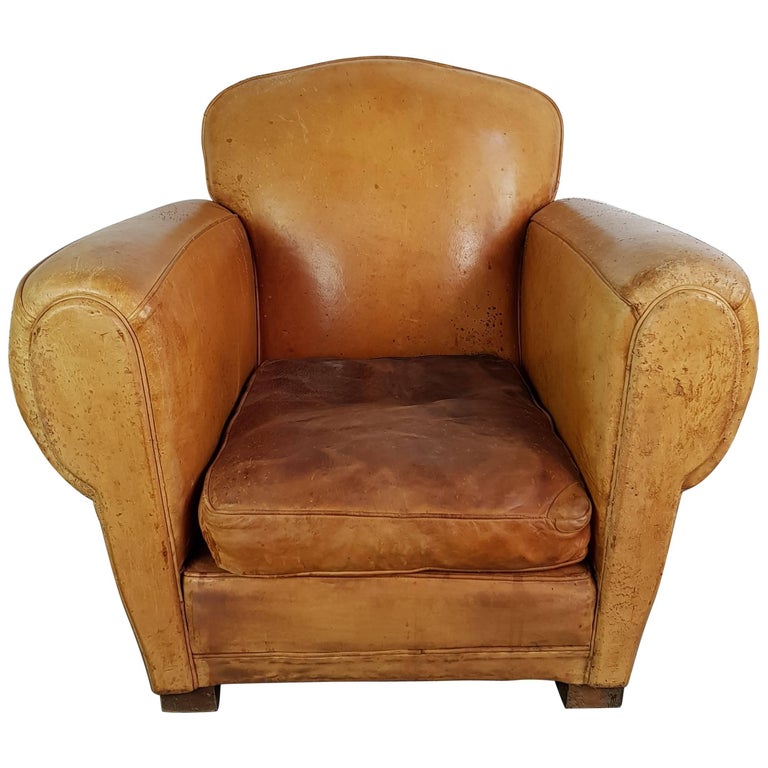 Vintage French Leather Club Chair For Sale at 1stDibs