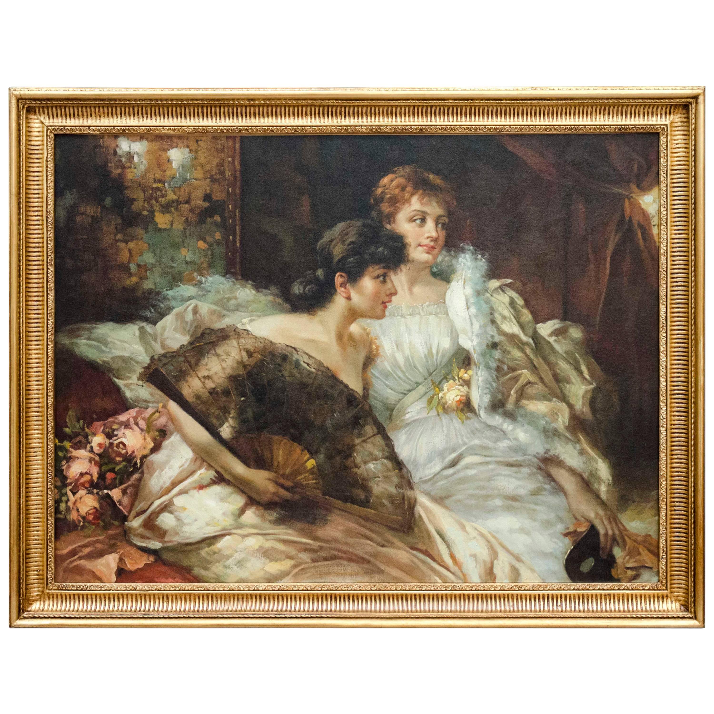 Art Deco Oil on Canvas "Elegant Ladies at the Ball", Belgian School For Sale