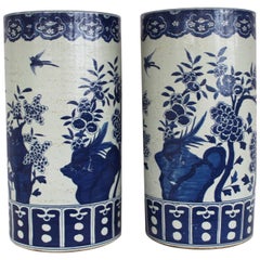 Vintage Pair of Chinese Blue and White Umbrella Stands