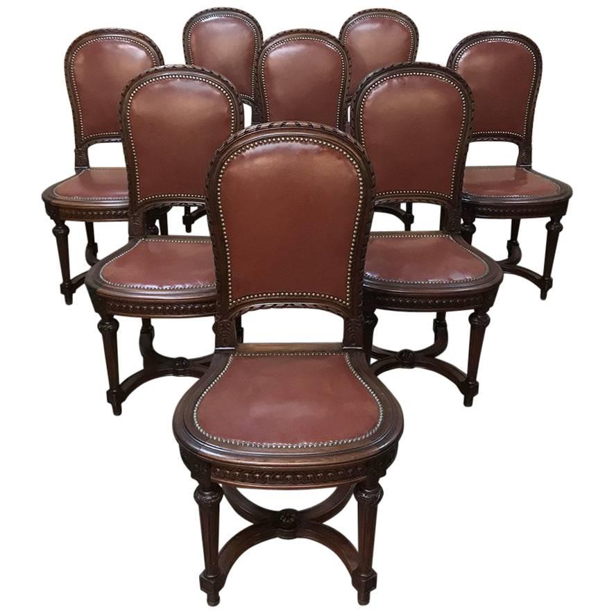 Set of Eight Antique French Louis XVI Walnut Leather Dining Room Chairs