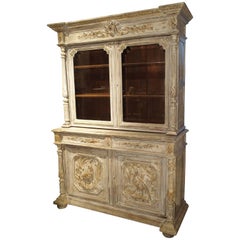 Antique Whitewashed Hunt Buffet or Bookcase from France, Late 19th Century