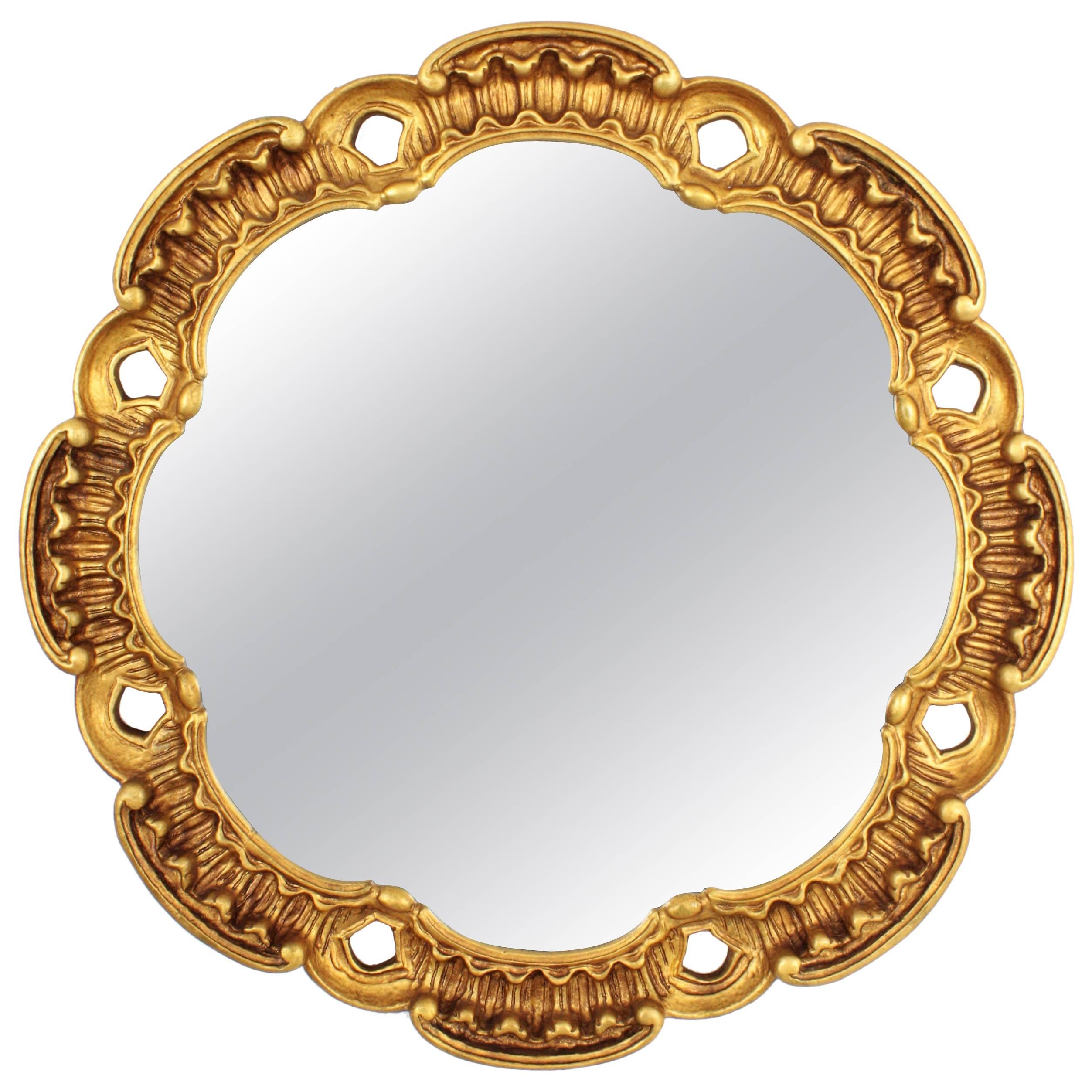 Francisco Hurtado Scalloped Giltwood Mirror with Carved Scroll-Work, Spain 1960s