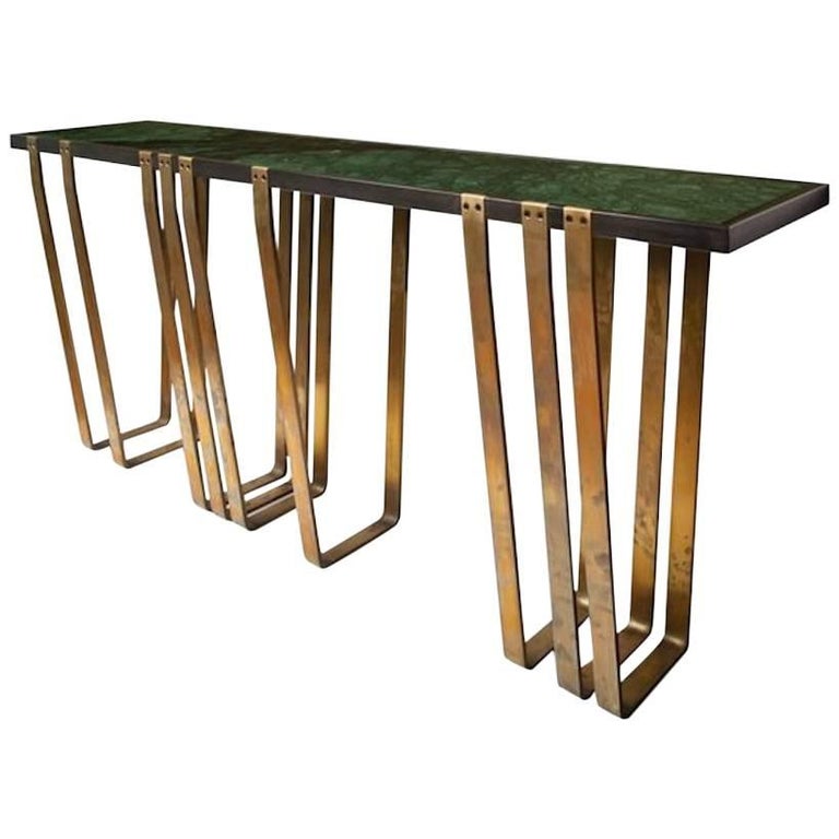 Handcrafted Console with Marble Top and Solid Brass Legs designed by