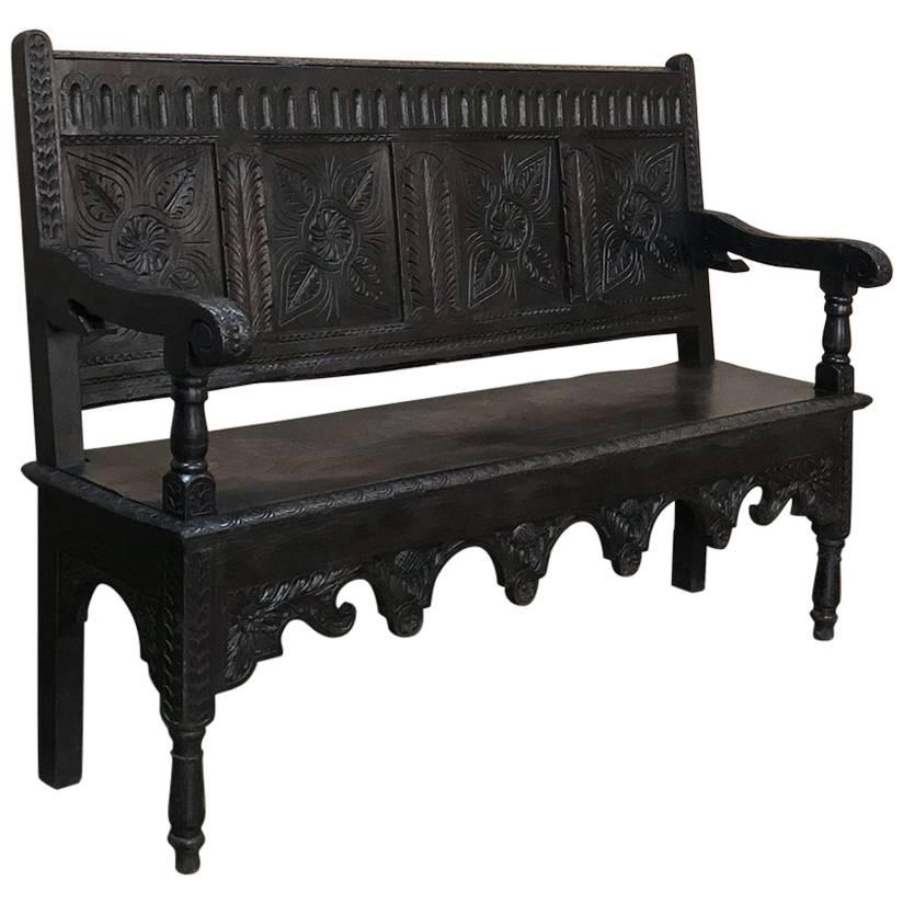 19th Century Brittany Country Hand Carved French Hall Bench
