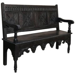 Antique 19th Century Brittany Country Hand Carved French Hall Bench