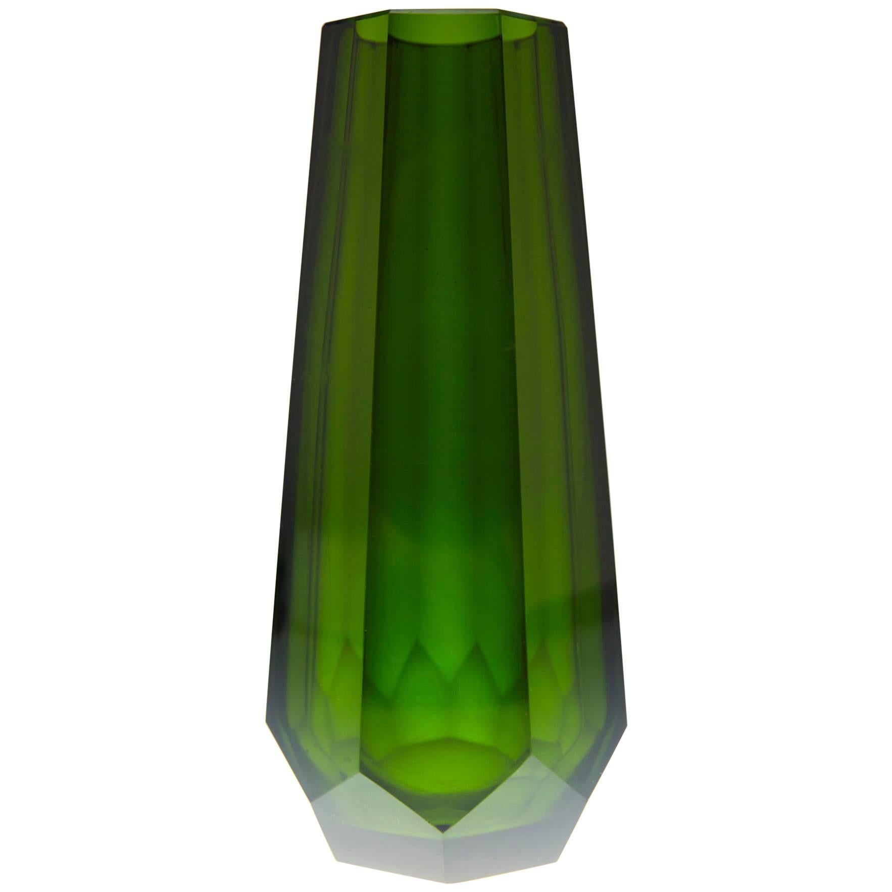 Green Hand Cut Crystal Vase Attributed to Josef Hoffmann for Moser 
Söhne