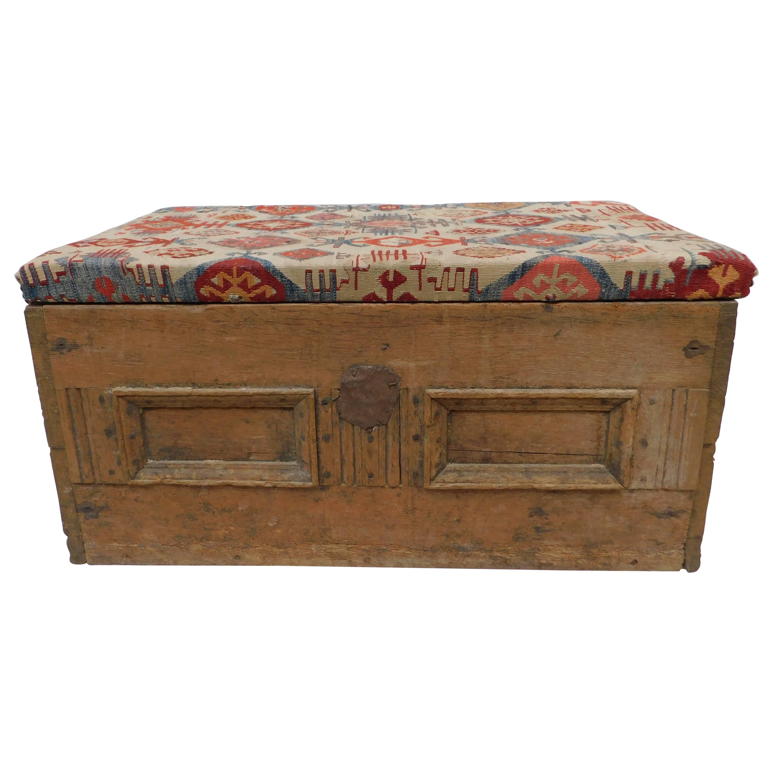 Antique Spanish Trunk with Antique Kilim Upholstered Top For Sale