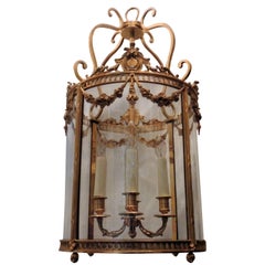 Ormolu Dore Gilt Bronze Swag Crest Four-Light Rounded Glass Lantern Fixture