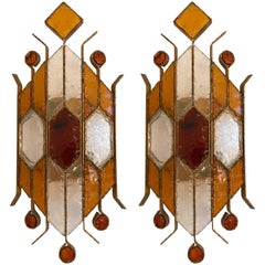 Pair of Sconces Hammered Glass by Longobard. Italy, 1970s