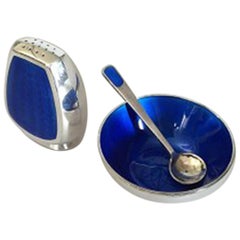 Anton Michelsen Salt and Pepper Set in Sterling Silver with Blue Enamel