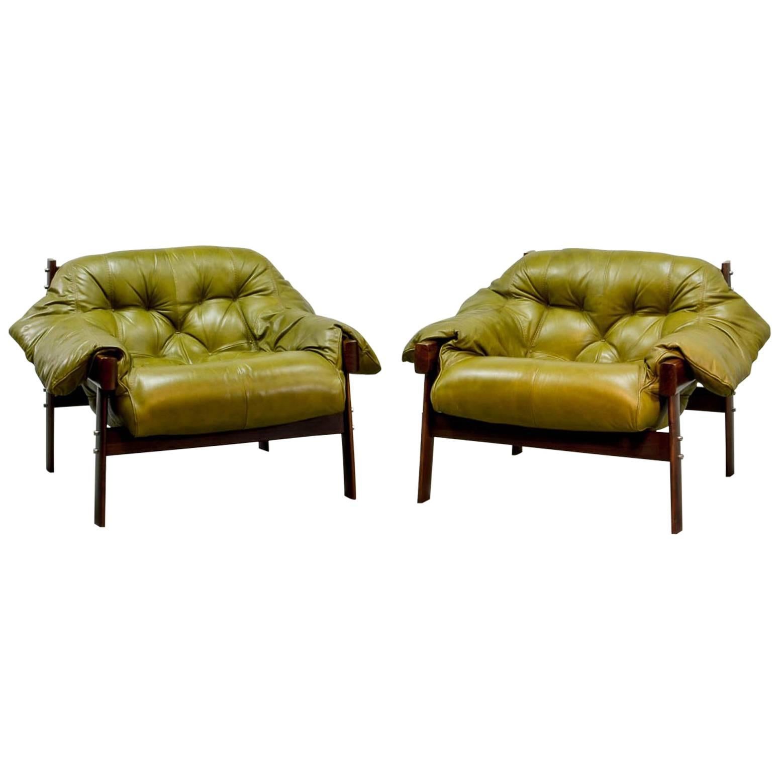 Beautiful Set of Olive Green Leather Lounge Chairs with Hocker by