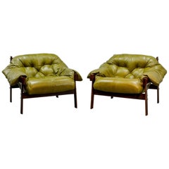 Used Beautiful Set of Olive Green Leather Lounge Chairs with Hocker by Percival Lafer