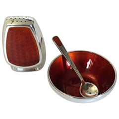 Retro Anton Michelsen Salt and Pepper Set in Sterling Silver with Red Enamel